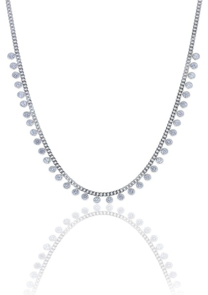 Parlak Gümüş Rodyumlu Zirkon Taşlı Zarif Zincirli Kolye, Şık ve Şahane Takı