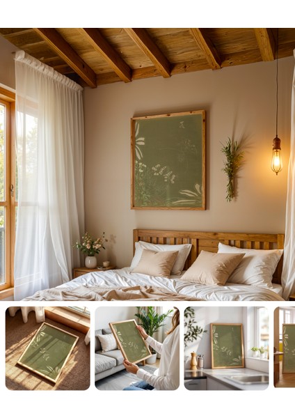 Doğal Yeşil Uyum Tablosu, Ahşap Çerçeve, Sıcak ve Şık Dekorasyon Parçası