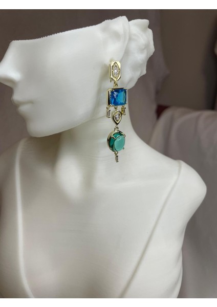 Renkli Taşlı Gold Kaplama Modern Şık Pirinç Küpe, Zarif ve Göz Alıcı Tasarım modelleri