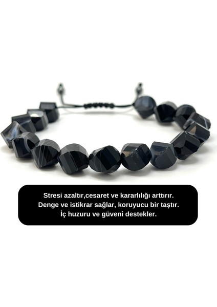 Doğal Taş Bileklik, Siyah Akik, Hexonal Kesim, Makrome, 8mm indirimleri
