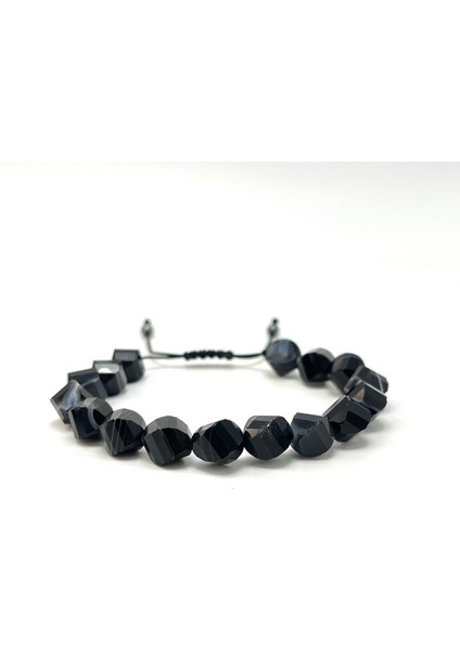 Doğal Taş Bileklik, Siyah Akik, Hexonal Kesim, Makrome, 8mm