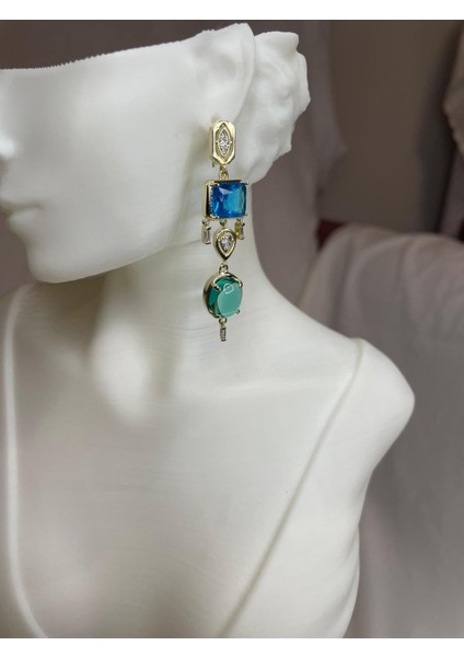 Renkli Taşlı Gold Kaplama Modern Şık Pirinç Küpe, Zarif ve Göz Alıcı Tasarım