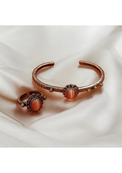 El Yapımı Turuncu Bakır Bilezik ve Yüzük Seti, Doğal Akik Taşlı, Şık Takı Koleksiyonu