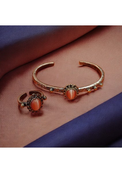 El Yapımı Turuncu Bakır Bilezik ve Yüzük Seti, Doğal Akik Taşlı, Şık Takı Koleksiyonu modelleri