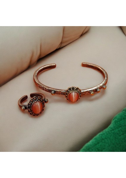 El Yapımı Turuncu Bakır Bilezik ve Yüzük Seti, Doğal Akik Taşlı, Şık Takı Koleksiyonu fırsatları