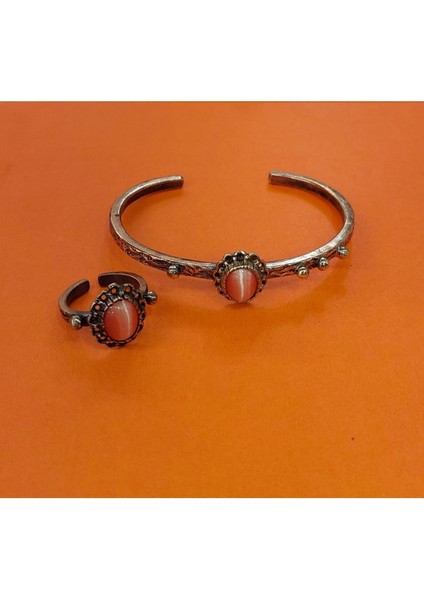 El Yapımı Turuncu Bakır Bilezik ve Yüzük Seti, Doğal Akik Taşlı, Şık Takı Koleksiyonu indirimleri