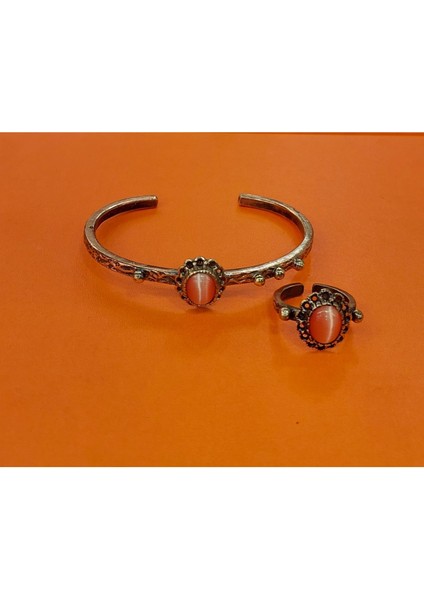 El Yapımı Turuncu Bakır Bilezik ve Yüzük Seti, Doğal Akik Taşlı, Şık Takı Koleksiyonu