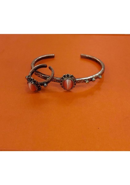 El Yapımı Turuncu Bakır Bilezik ve Yüzük Seti, Doğal Akik Taşlı, Şık Takı Koleksiyonu