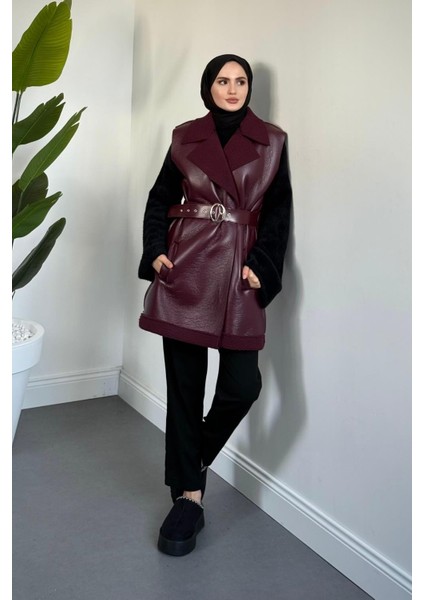 Amarila Deri Görünümlü Yelek Bordo fiyatları