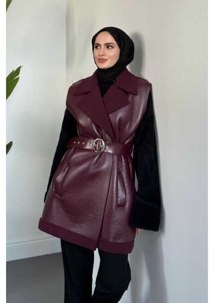 Amarila Deri Görünümlü Yelek Bordo modelleri
