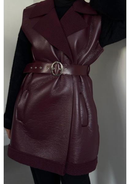 Amarila Deri Görünümlü Yelek Bordo fırsatları