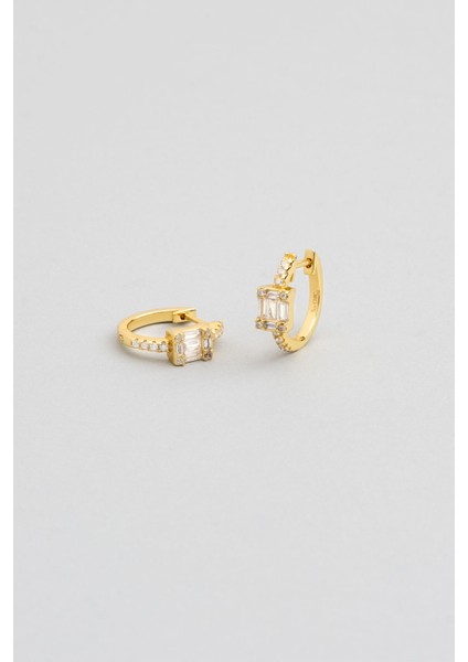 Şık 18 Ayar Sarı Altın Kaplama Gümüş Halka Küpe, Baget Taşlı Tasarım