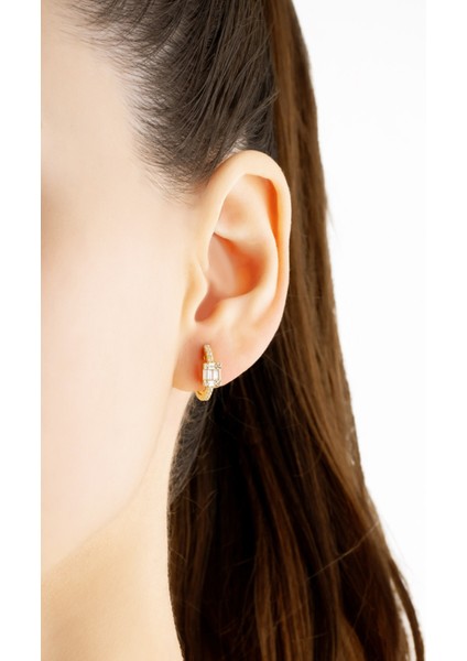 Şık 18 Ayar Sarı Altın Kaplama Gümüş Halka Küpe, Baget Taşlı Tasarım modelleri