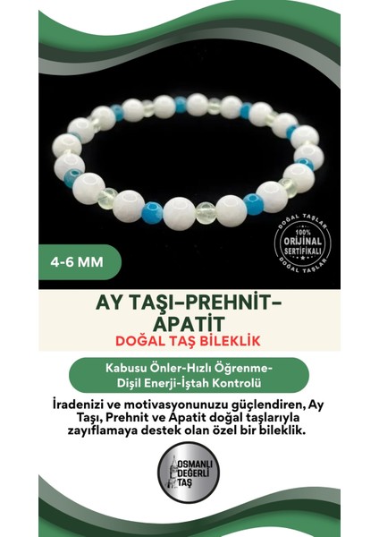 Renkli Doğal Taş Bileklik, Açlık Bastırma ve Zayıflama, Ay Taşı, Prehnit, Apatit