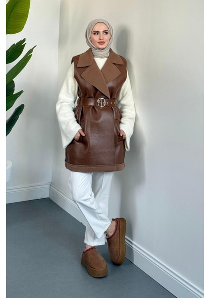 Amarila Deri Görünümlü Yelek Camel fiyatları