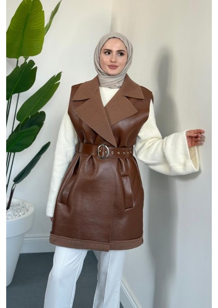 Amarila Deri Görünümlü Yelek Camel modelleri