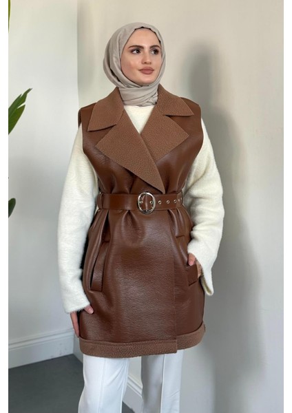 Amarila Deri Görünümlü Yelek Camel fırsatları