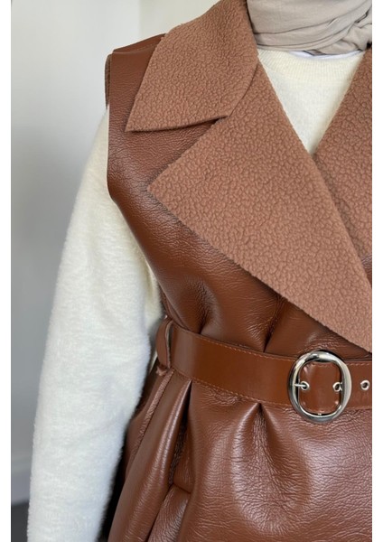 Amarila Deri Görünümlü Yelek Camel indirimleri