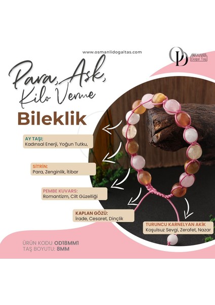 Doğal Taş Bileklik, Renkli ve Şık, 8 Mm, Ay Taşı, Sitrin, Pembe Kuvars, Turuncu Karnelyan