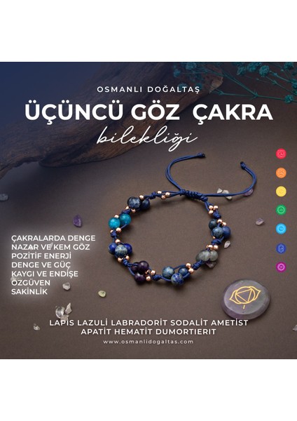 Doğal Taşlı Üçüncü Göz Çakra Bilekliği, Lapis, Sodalit, Ametist, Makrome Kapama