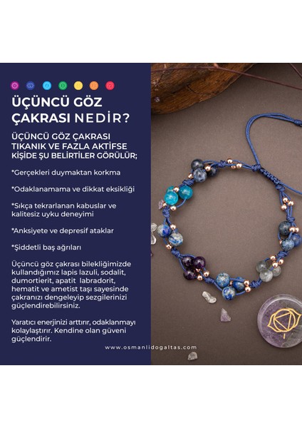 Doğal Taşlı Üçüncü Göz Çakra Bilekliği, Lapis, Sodalit, Ametist, Makrome Kapama fiyatları