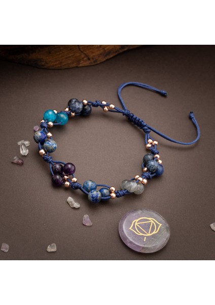 Doğal Taşlı Üçüncü Göz Çakra Bilekliği, Lapis, Sodalit, Ametist, Makrome Kapama modelleri