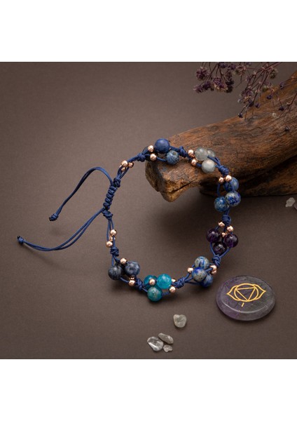 Doğal Taşlı Üçüncü Göz Çakra Bilekliği, Lapis, Sodalit, Ametist, Makrome Kapama fırsatları