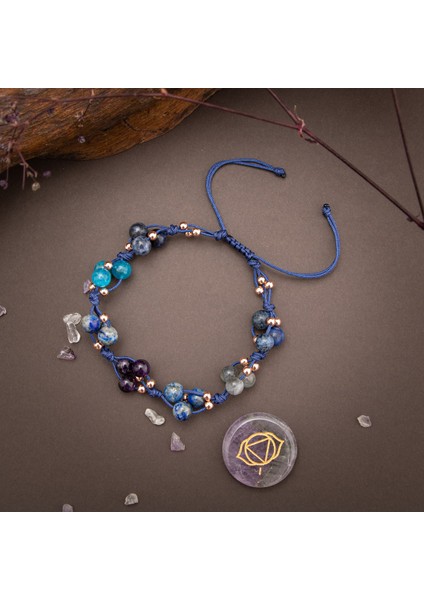 Doğal Taşlı Üçüncü Göz Çakra Bilekliği, Lapis, Sodalit, Ametist, Makrome Kapama