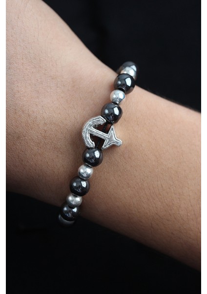 Doğal Taş Çapa Model Gümüş ve Füme Renk Asansörlü Erkek Bileklik - TJ-EB3762