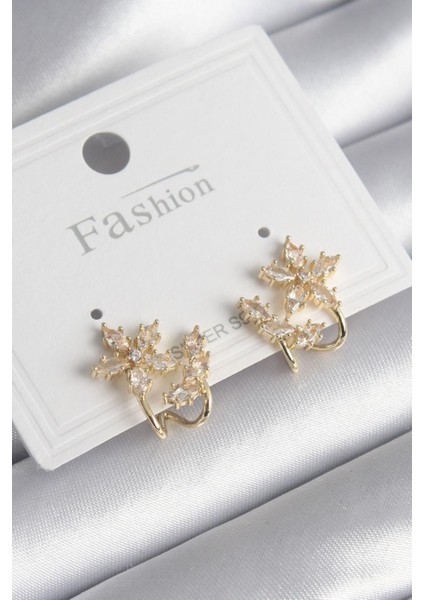 Pirinç Gold Renk Zirkon Taşlı Çiçek Model Kadın Küpe - TJ-BKP9739