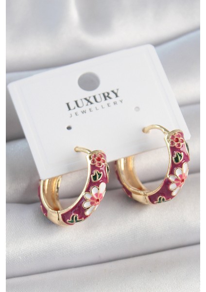 Pirinç Gold Renk Halka Mor Çiçek Mineli Kadın Küpe - TJ-BKP10474