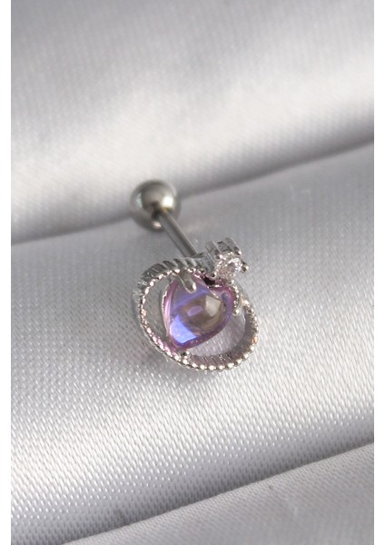 316L Çelik Gümüş Renk Mor Mineli Kalp Zirkon Taş Detay Tragus Piercing - TJ-PR1273