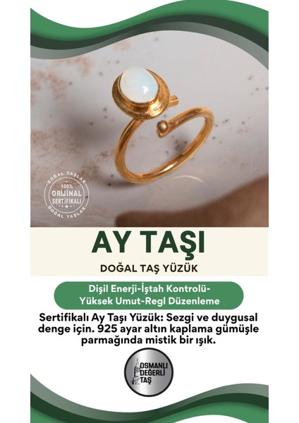 Doğal Ay Taşı Gümüş Yüzük, 925 Ayar, Altın Kaplama, Şık Takı