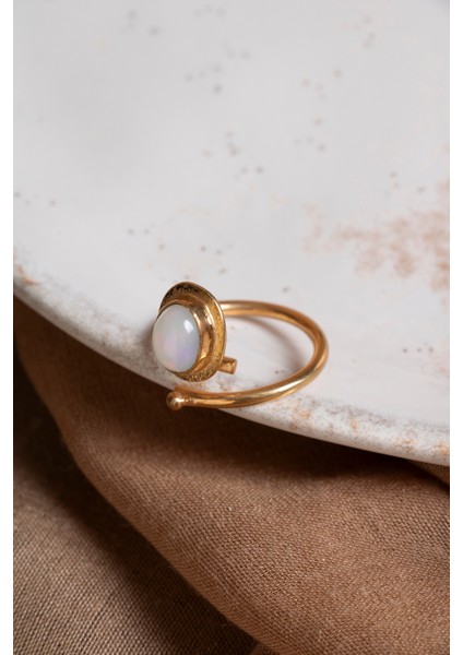 Doğal Ay Taşı Gümüş Yüzük, 925 Ayar, Altın Kaplama, Şık Takı