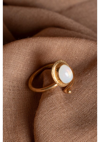 Doğal Ay Taşı Gümüş Yüzük, 925 Ayar, Altın Kaplama, Şık Takı