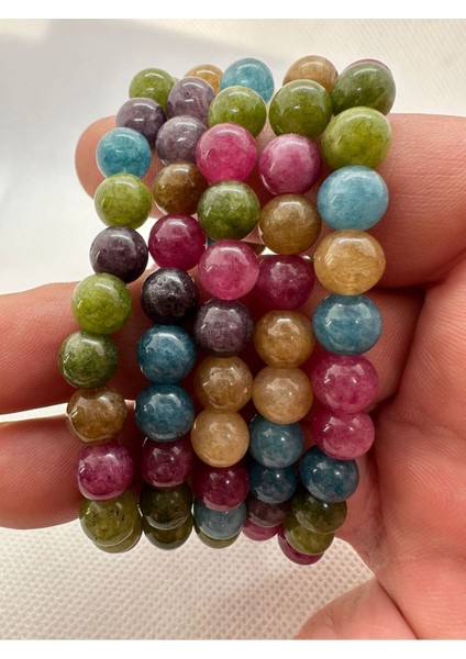 Çok Renkli Doğal Taş Bileklik, Turmalin Taşı ile Şık ve Renkli Takı Hediye