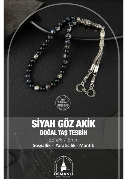 Siyah Göz Akik Doğal Taş Tesbih 33'lü, 6mm, Şık ve Doğal Tasarım