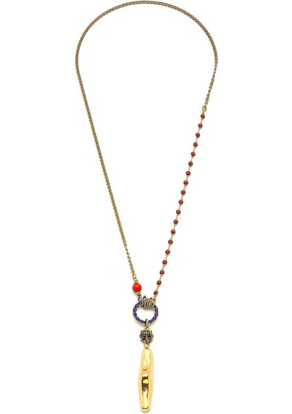 Lacivert Zirkon ve Mercan Taşlı Altın Kaplama Şık Kolye