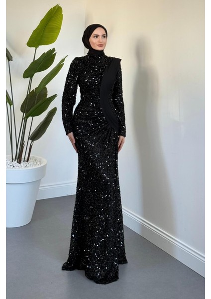 Felina Önden Drape Balık Abiye Siyah