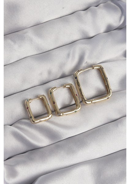 Pirinç Gold Renk Renkli Zirkon Taşlı Kare Model Küpe Seti - TJ-BKP9116