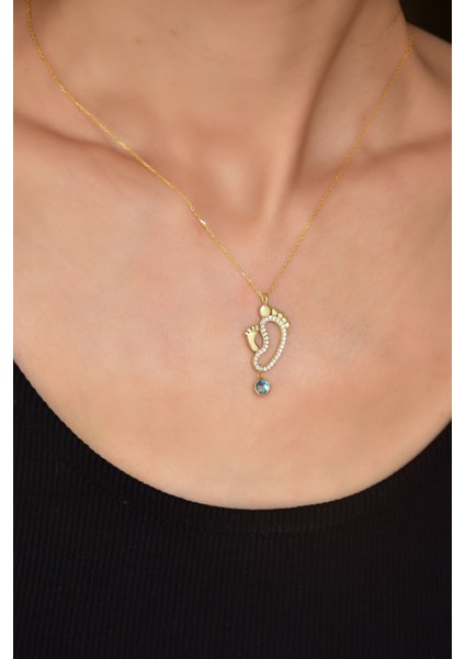 925 Ayar Gümüş Doğum Taşlı Anne Bebek Ayak Izi Kolye, Zarif ve Özel Tasarım