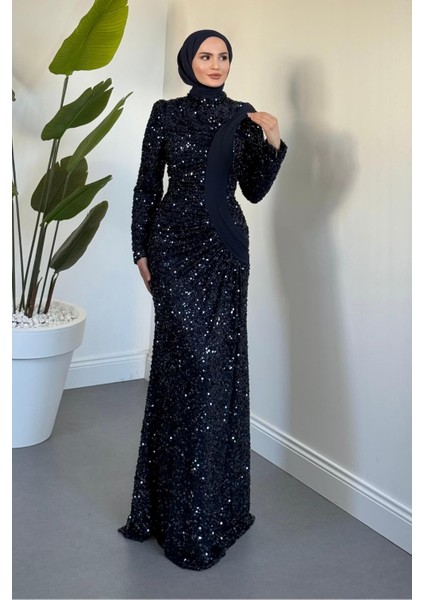 Felina Önden Drape Balık Abiye Lacivert