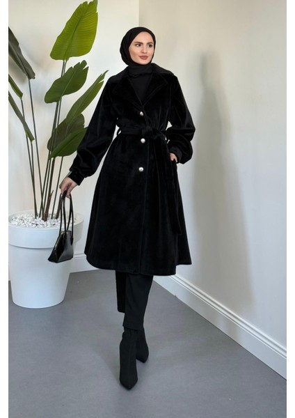 Marvil Astarlı Kuşaklı Kaşmir Kumaş Kaban Siyah