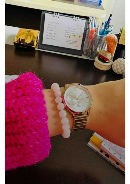 Doğal Pembe Kuvars Taşlı Bileklik, Bronzit ve Aragonit Detaylarıyla Şık Takı