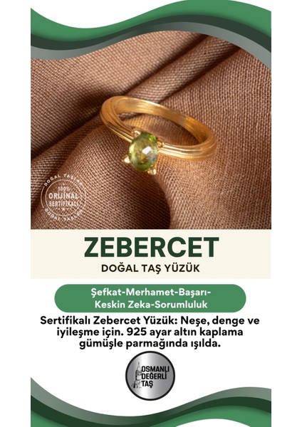 Doğal Zebercet Taşlı 925 Ayar Gümüş Altın Kaplama Yüzük, Şık Tasarım