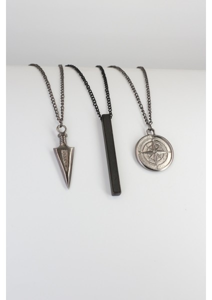 3'lü Üçgen Ok Ucu, Pusula ve Çubuk Bar Kolye Seti, Gri Renk