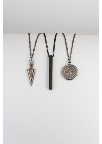 3'lü Üçgen Ok Ucu, Pusula ve Çubuk Bar Kolye Seti, Gri Renk fiyatları