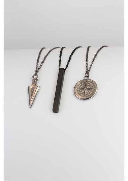 3'lü Üçgen Ok Ucu, Pusula ve Çubuk Bar Kolye Seti, Gri Renk modelleri