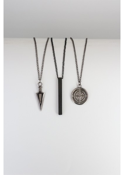 3'lü Üçgen Ok Ucu, Pusula ve Çubuk Bar Kolye Seti, Gri Renk fırsatları