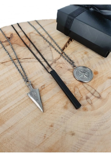 3'lü Üçgen Ok Ucu, Pusula ve Çubuk Bar Kolye Seti, Gri Renk indirimleri